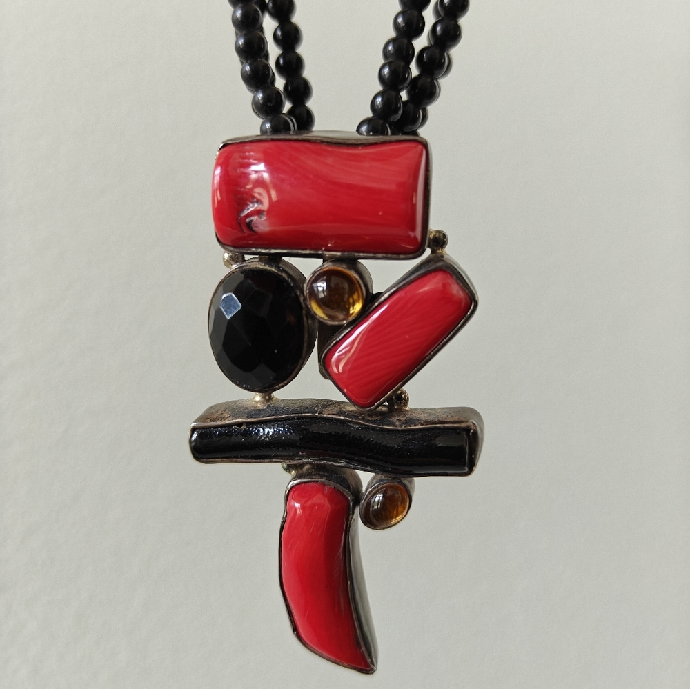 Exotic Black Onyx and Red Coral Statement Pendant Enhancer Necklace
